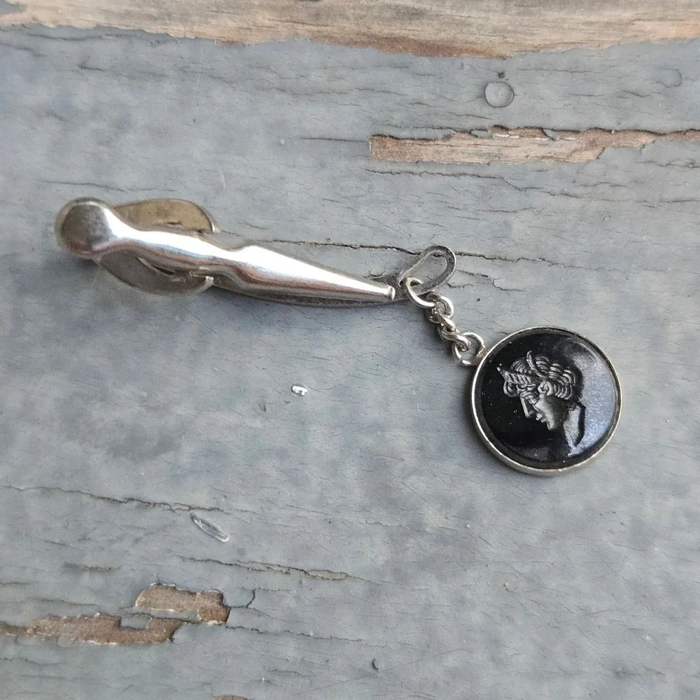 VTG Intaglio Greek Tie Clip Dangle Chain OS Mens Silver Black  Roman Profile EUC
